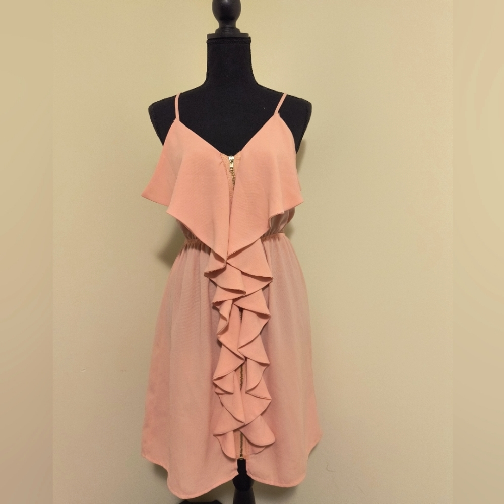 Francesca's Collection Alya Pink Ruffle-Front Gold Zip Dress Size M